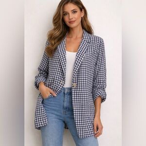 Cynthia Rowley 100% Linen Gingham Plaid Roll Tab Sleeve Unstructured Blazer